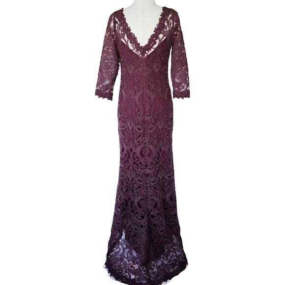 TADASHI SHOJI Corded Embroidery Formal Gown 10 Burgundy 3/4 Sleeve Maxi Dress - Picture 4 of 16